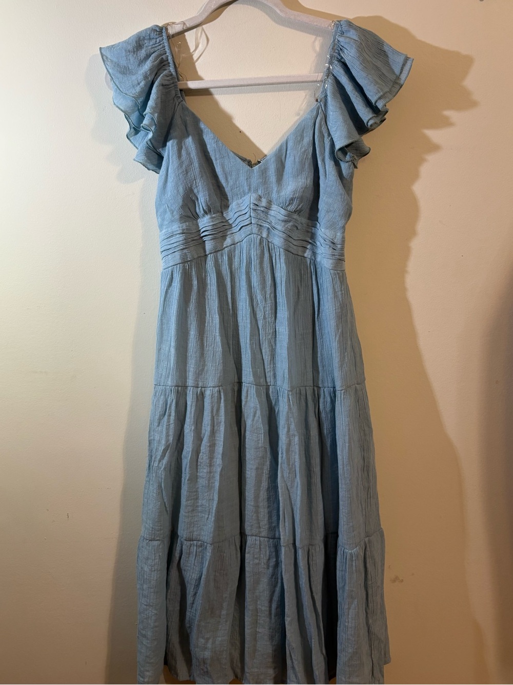 Trixxi Dress women’s small baby blue flutter sleeve tiered midi dress back zip